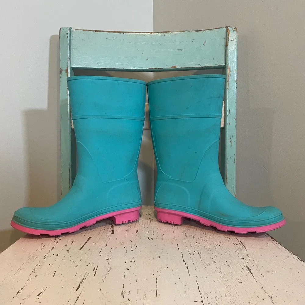 Kamik Raindrops Kids Turquoise Pink Waterproof‎ Rubber Rain Boots Size 4 Wellies